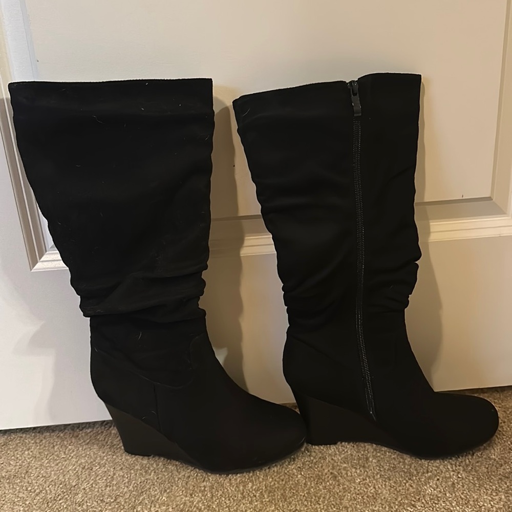 Black suede wedge boots with zipper